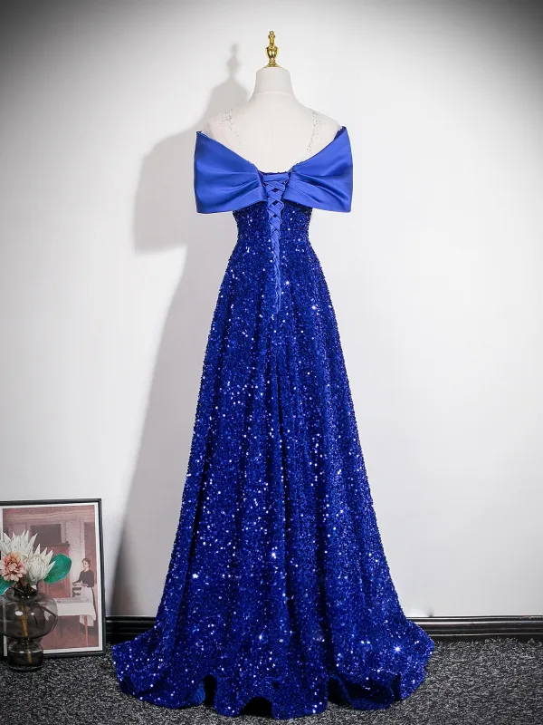Dazzling Royal Blue Sequins Evening Dresses 2026 A-Line / Princess Off-The-Shoulder Bow Short Sleeve Backless