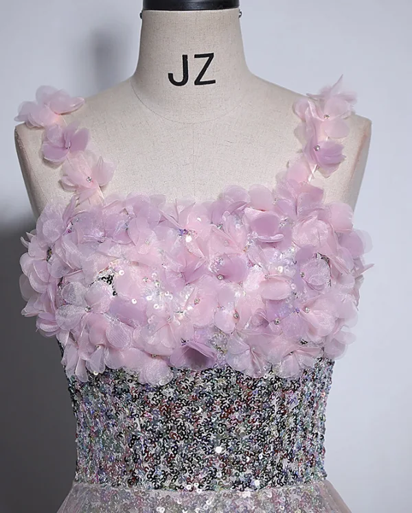 Bling Bling Blushing Pink Pearl Sequins Appliques Prom Dresses 2024 A-Line / Princess Spaghetti Straps Sleeveless Backless Floor-Length / Long Prom Formal Dresses