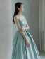 Élégant Bleu Ciel Robe De Bal 2024 Princesse Bretelles Spaghetti Perle Sans Manches Dos Nu Train De Balayage Promo Robe De Ceremonie
