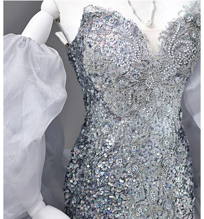 Sexy Sparkly Silver Beading Sequins Evening Dresses 2026 Trumpet Mermaid  Sweetheart Puffy Short Sleeve Backless Sweep Train Formal Dresses