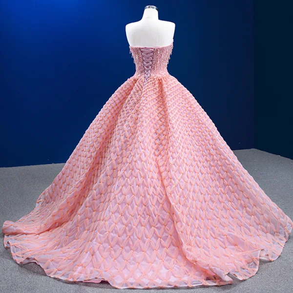 Luxury / Gorgeous Charming Candy Pink Handmade Beading Pearl Prom Dresses 2023 Ball Gown Strapless Sleeveless Backless Sweep Train Prom Formal Dresses