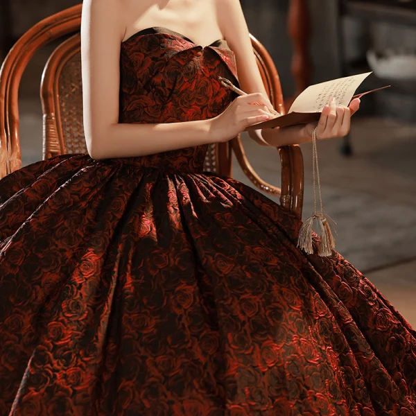 Vintage / Retro Burgundy Printing Prom Dresses 2023 Ball Gown Strapless Sleeveless Backless Floor-Length / Long Prom Formal Dresses