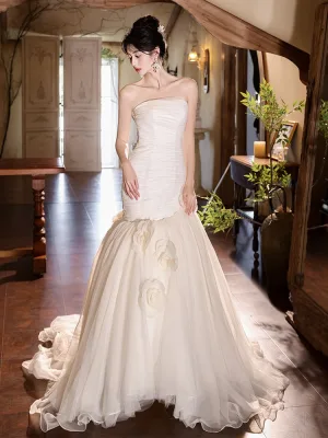 Charmant Blanche Appliques Robe De Mariée 2025 Trompette Sirène Bustier Sans Manches Dos Nu Train De Balayage Mariage