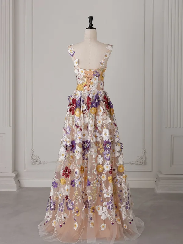 Flower Fairy Multi-Colors Lace Flower Appliques Prom Dresses 2025 A-Line / Princess Spaghetti Straps Sleeveless Backless Floor-Length / Long Formal Dresses