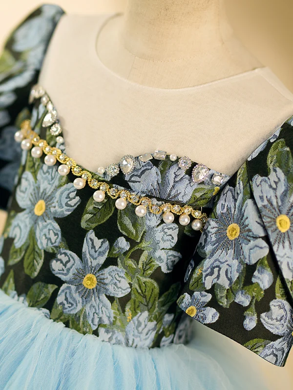 Chic / Beautiful Sky Blue Floral Pearl Rhinestone Birthday Flower Girl Dresses 2024 Ball Gown Scoop Neck Short Sleeve Backless Floor-Length / Long