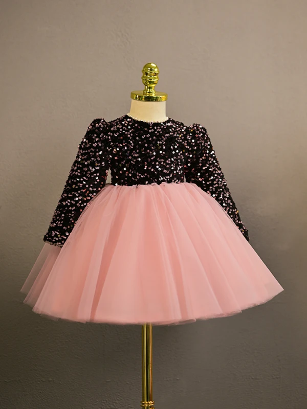 Chic / Beautiful Blushing Pink Bow Sequins Birthday Flower Girl Dresses 2024 Ball Gown Scoop Neck Short Long Sleeve