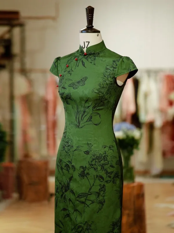 Chinese style Green Printing Split Front Tea-length Cheongsam 2026 Trumpet / Mermaid High Neck Cap Sleeves