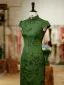 Chinese style Green Printing Split Front Tea-length Cheongsam 2026 Trumpet / Mermaid High Neck Cap Sleeves