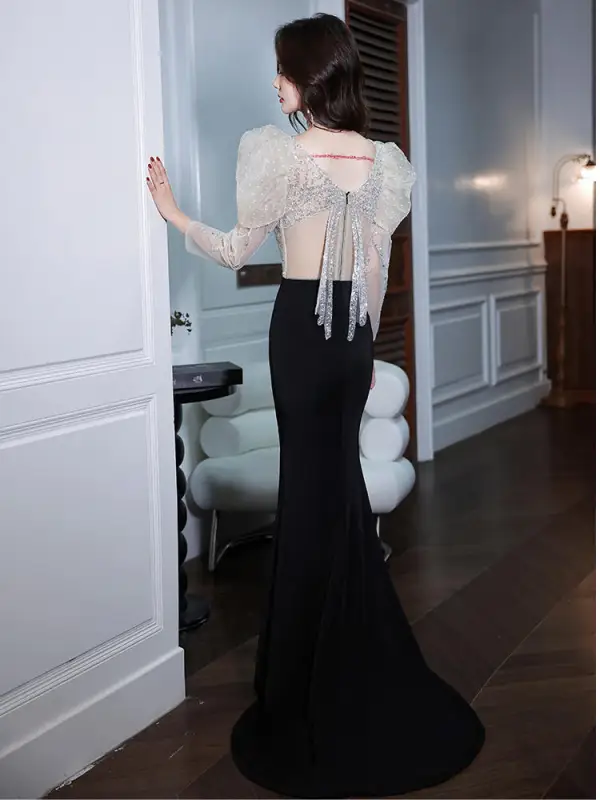 Charmant Noire Paillettes Robe De Soirée 2022 Trompette / Sirène Encolure Dégagée Manches Courtes Dos Nu Longue Soirée Robe De Ceremonie