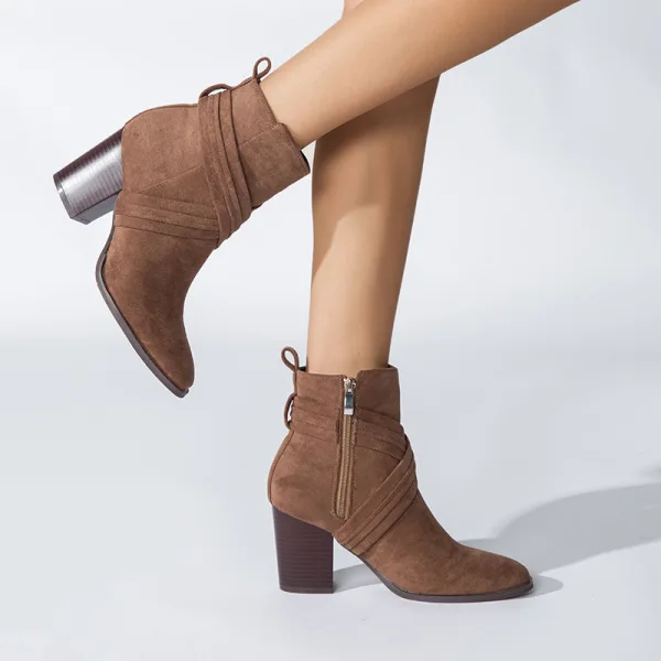 Fine Brun Vinter Gateklær Suede Boots Dame 2023 8 cm Tykk Hæler Spisse Boots