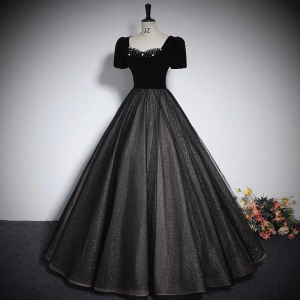 Élégant Noire Glitter Paillettes Robe De Bal 2023 Robe Boule Encolure Carrée Faux Diamant Manches Courtes Dos Nu Longue Promo Robe De Ceremonie