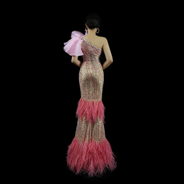 Luxus / Herrlich Rosa Applikationen Perlenstickerei Pailletten Abendkleider 2023 Meerjungfrau One-Shoulder Ärmellos Rückenfreies Quaste Hof-Schleppe Abend Festliche Kleider