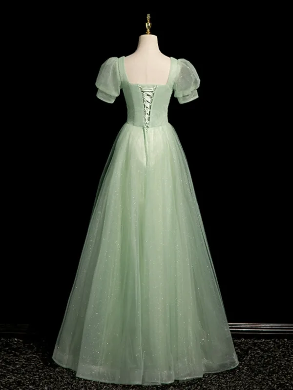 Chic / Beautiful Sage Green Glitter Prom Dresses 2024 A-Line / Princess Square Neckline Short Sleeve Backless Floor-Length / Long Prom Formal Dresses