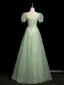 Chic / Beautiful Sage Green Glitter Prom Dresses 2024 A-Line / Princess Square Neckline Short Sleeve Backless Floor-Length / Long Prom Formal Dresses