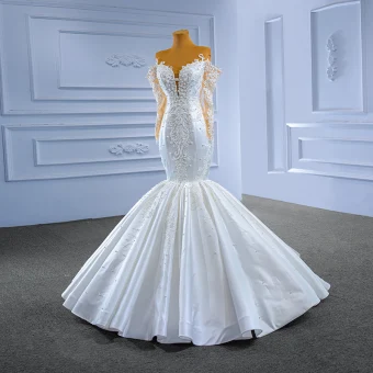 High End White Pearl Lace Flower Wedding Dresses 2022 Ball Gown Off The Shoulder Long Sleeve Backless Floor Length Long Wedding