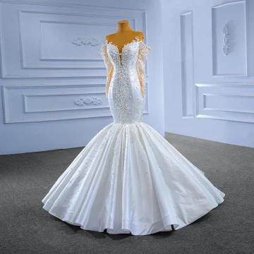 Haut De Gamme Blanche Perle En Dentelle Fleur Robe De Mariée 2022 Robe Boule De L Épaule Manches Longues Dos Nu Longue Mariage