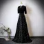 Elegant Black Sequins Mother Of The Bride Dresses 2025 A-Line / Princess High Neck Short Sleeve Floor-Length / Long Wedding