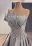 High End Grau Handgefertigt Perlenstickerei Strass Ballkleider 2025 A Linie Bandeau Ärmellos Rückenfreies Hof-Schleppe Festliche Kleider