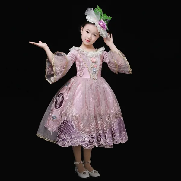 Vintage / Retro Medieval Blushing Pink Flower Girl Dresses 2024 3D Lace Printing Floral 1/2 Sleeves Scoop Neck Tea-length Cosplay Wedding Prom Ball Gown Wedding Party Dresses