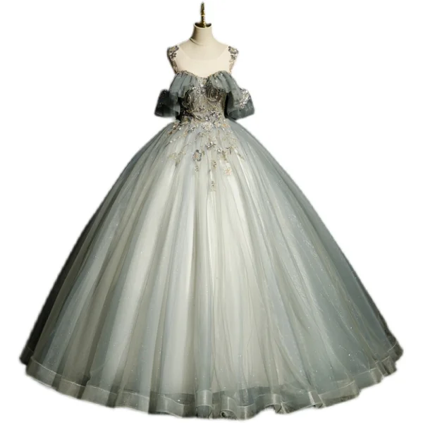 Elegant Grey Beading Sequins Prom Dresses 2022 Ball Gown Scoop Neck Short Sleeve Backless Floor-Length / Long Prom Formal Dresses