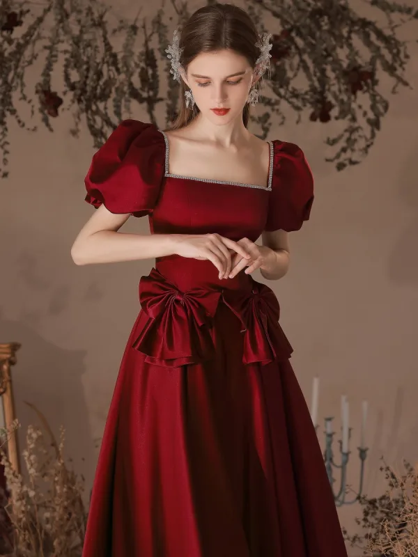 Vintage / Retro Burgundy Rhinestone Satin Evening Dresses 2022 A-Line / Princess Square Neckline Puffy Short Sleeve Bow Backless Floor-Length / Long Evening Party Formal Dresses