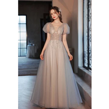 Charming Grey Sequins Prom Dresses 2022 A Line Princess V Neck Short Sleeve Backless Floor Length Long Prom Formal Dresses