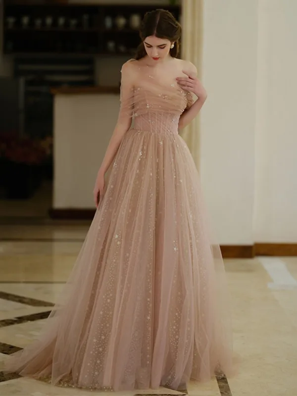 Chic / Beautiful Champagne Sequins Prom Dresses 2025 A-Line / Princess One-Shoulder Short Sleeve Backless Sweep Train Formal Dresses
