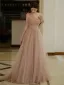 Chic / Beautiful Champagne Sequins Prom Dresses 2025 A-Line / Princess One-Shoulder Short Sleeve Backless Sweep Train Formal Dresses
