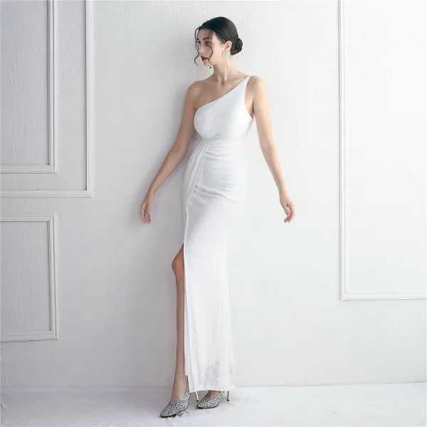 Sexy Schwarz Pailletten Gespaltete Front Abendkleider Meerjungfrau 2024 One-Shoulder Ärmellos Rückenfreies Lange Abend Festliche Kleider