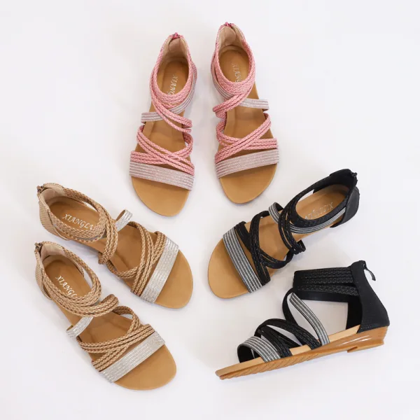 Comfortabel Abrikoos / Beige Strand Vlecht Sandalen Dames 2022 Peep Toe Platte Sandalen