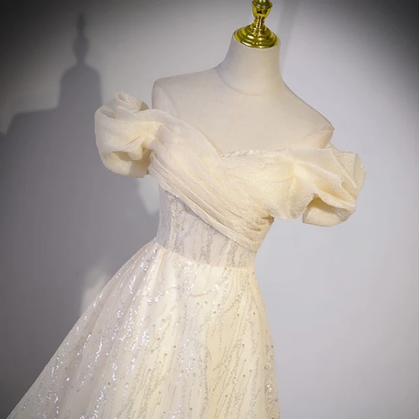 Charmant Bling Bling Champagne Paillettes Robe De Bal 2023 Princesse De l'épaule Manches Courtes Dos Nu Longue Promo Robe De Ceremonie