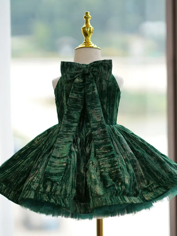 Chic / Belle Vert Anniversaire Noeud Glitter Courte Robe Ceremonie Fille 2024 Robe Boule Col Haut Sans Manches