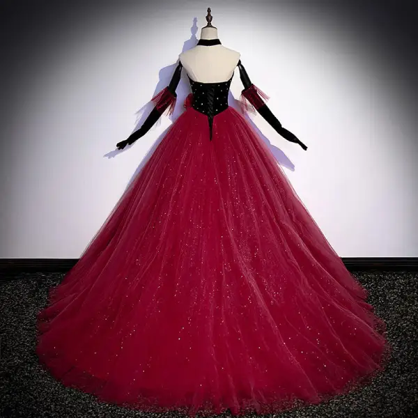 Charmant Burgunderrot Pailletten Abendkleider 2022 Ballkleid Bandeau Ärmellos Rückenfreies Sweep / Pinsel Zug Abend Festliche Kleider