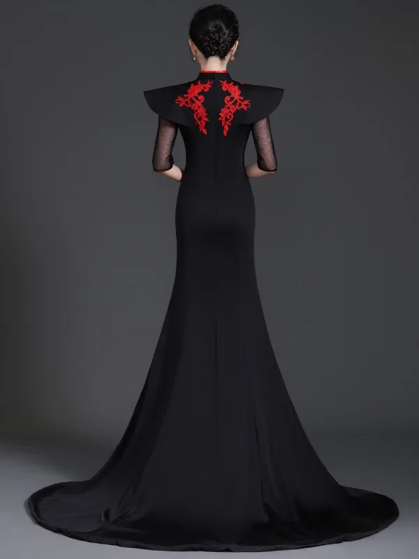 Chinese style Black Lace Flower Cheongsam Evening Dresses 2025 Trumpet / Mermaid High Neck 1/2 Sleeves Sweep Train Evening Party Cheongsam / Qipao