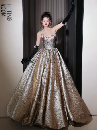 Mode Doré Appliques Glitter Robe De Bal 2025 Robe Boule Bustier Sans Manches Dos Nu Longue Promo Robe De Ceremonie