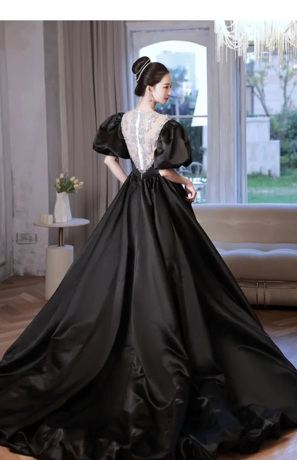 Vintage / Retro Rhinestone Black Prom Dresses 2023 Ball Gown Scoop Neck Puffy Short Sleeve Court Train Prom Formal Dresses