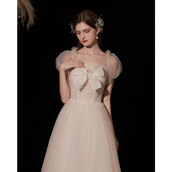 Lovely Ivory Lace Flower Prom Dresses 2022 A-Line / Princess Square Neckline Bow Puffy Short Sleeve Backless Floor-Length / Long Prom Formal Dresses