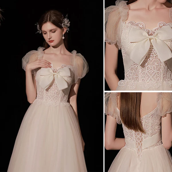 Lovely Ivory Lace Flower Prom Dresses 2022 A-Line / Princess Square Neckline Bow Puffy Short Sleeve Backless Floor-Length / Long Prom Formal Dresses