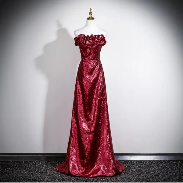 Sexy Bordeaux Paillettes Robe De Soirée 2025 Trompette / Sirène Volants Bustier Sans Manches Dos Nu Train De Balayage Robe De Ceremonie
