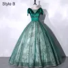 Elegant Dark Green Beading Sequins Prom Dresses 2023 Ball Gown Off-The-Shoulder Short Sleeve Backless Floor-Length / Long Prom Formal Dresses
