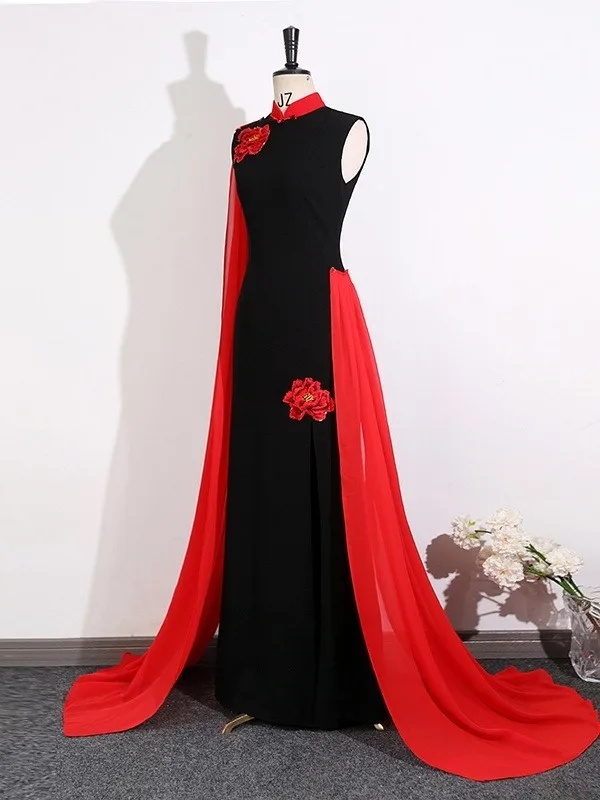 Chinese style Black Lace Flower Evening Party Cheongsam 2025 Trumpet / Mermaid High Neck Sleeveless Floor-Length / Long