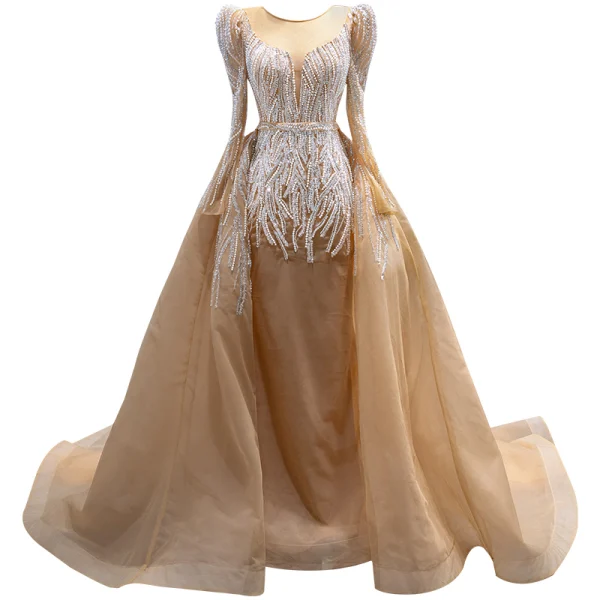 High-end Gold Handmade Beading Pearl Rhinestone Sequins Wedding Dresses 2023 Trumpet / Mermaid Scoop Neck Long Sleeve Court Train Wedding