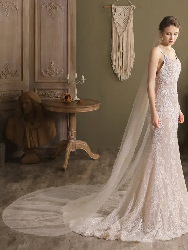 Modest / Simple White Glitter Sweep Train 2 m Wedding Veils 2025