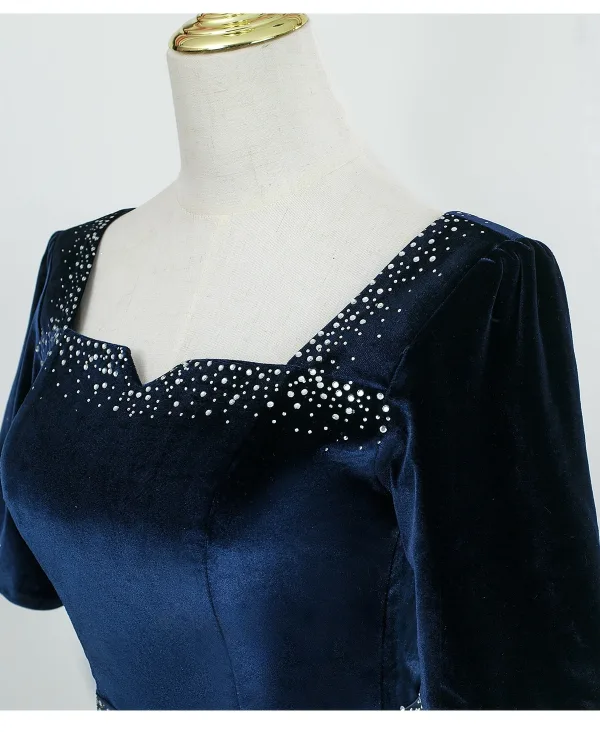 Vintage / Retro Navy Blue Sequins Prom Dresses 2026 A-Line / Princess Square Neckline Short Sleeve Backless Floor-Length / Long