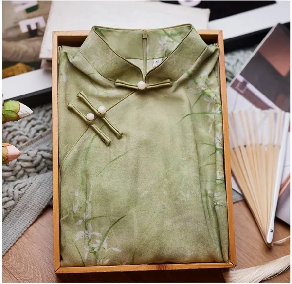 Chinese style Sage Green Printing Tea-length Cheongsam 2024 Trumpet / Mermaid High Neck Short Sleeve