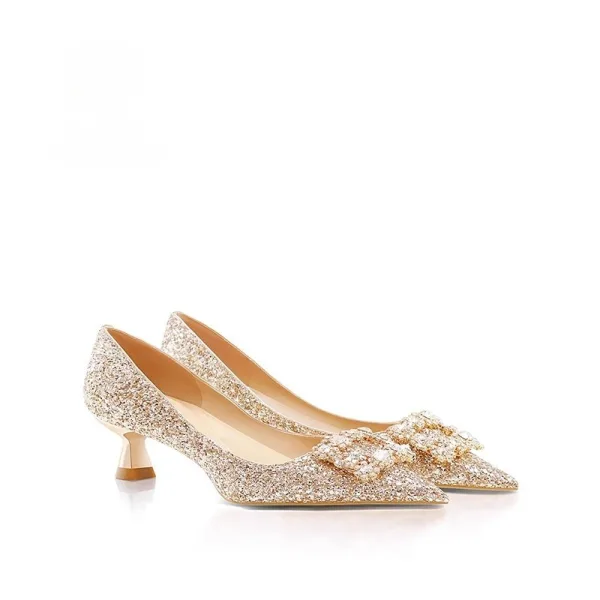 Sparkly Gold Rhinestone Sequins Wedding Shoes 2026 Leather 5 cm Stiletto Heels Pointed Toe Wedding Pumps High Heels
