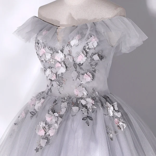 Chic / Beautiful Grey Beading Appliques Prom Dresses 2022 Ball Gown Off-The-Shoulder Short Sleeve Backless Floor-Length / Long Prom Formal Dresses