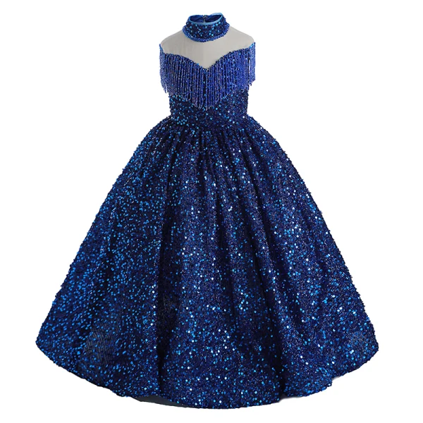 Sparkly Navy Blue Beading Tassel Sequins Birthday Flower Girl Dresses 2024 Ball Gown High Neck Sleeveless Floor-Length / Long