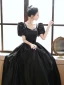Elegant Black Satin Prom Dresses 2023 A-Line / Princess Square Neckline Puffy Short Sleeve Backless Floor-Length / Long Prom Formal Dresses