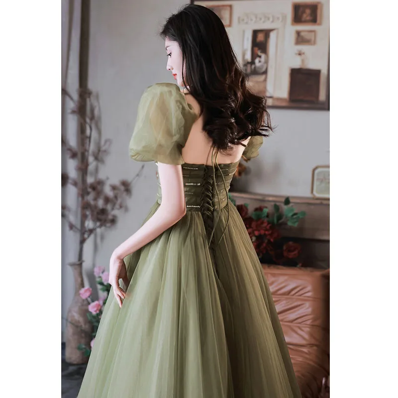 Modest Simple Sage Green Prom Dresses A-Line Princess 2022 Square Neckline Sequins Puffy